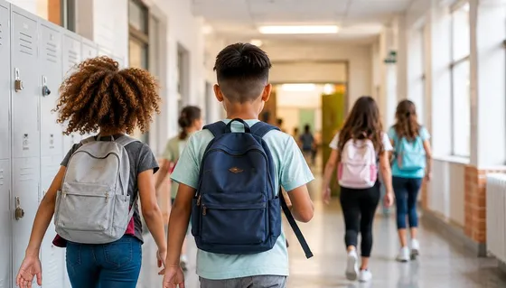 Students walking down a school hallway